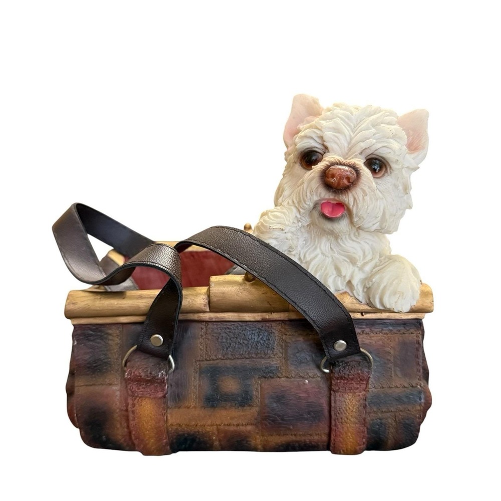 Vintage Westie Dog Purse Planter Resin Basket Faux Leather Handles Terrier Decor